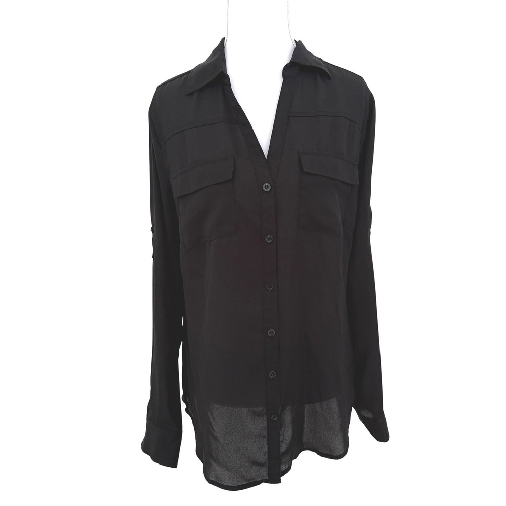 New York & Company Button Down Blouse Womens Medium Black Roll Tab Utility Top
